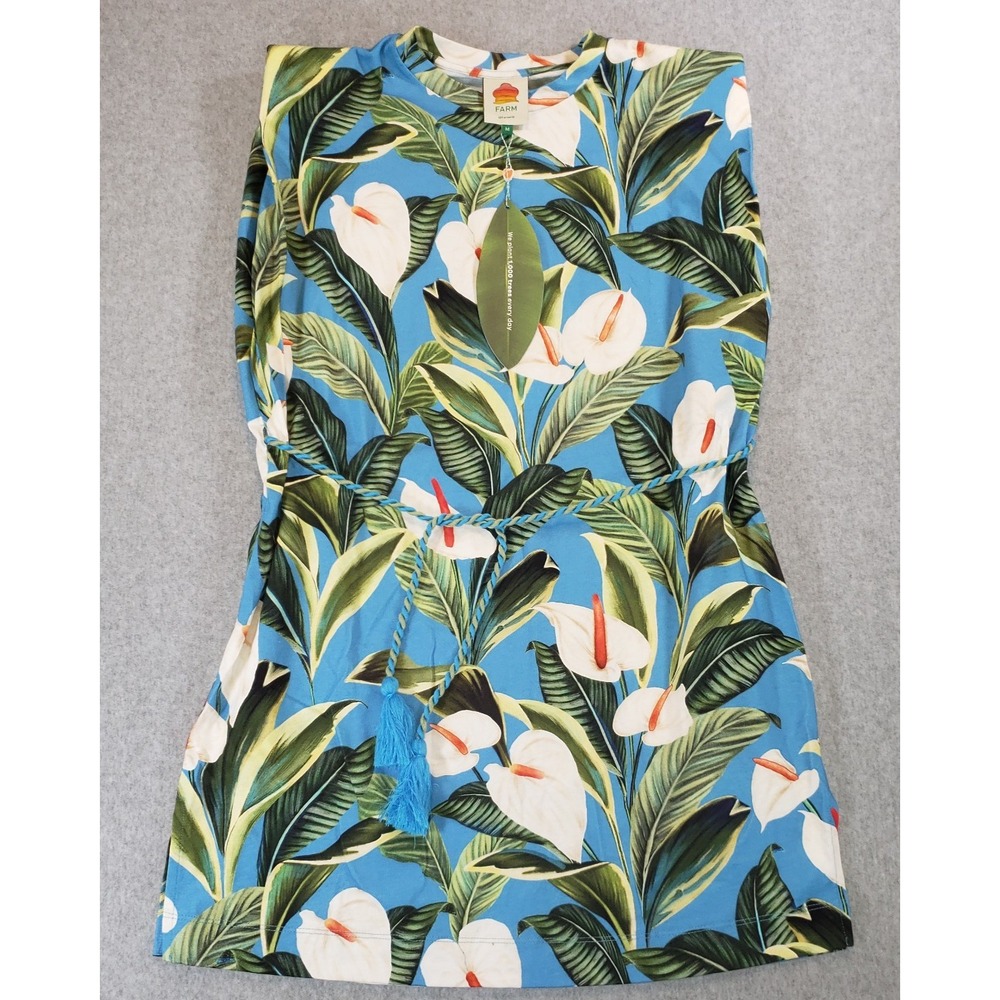 Farm Rio Blue Anthurium Garden Organic Cotton Mini Shirt Dress Size M NEW